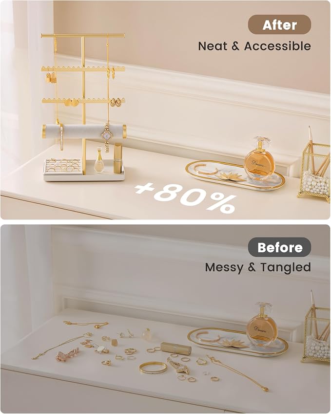 Lolalet Jewelry Organizer Stand, Necklace Bracelet Holder -Gold | Space-Saving Jewelry Display Storage Rack on Vanity Dresser for organizing Earrings Bangels Rings