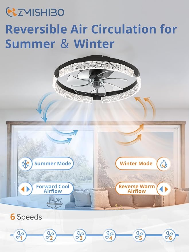 ZMISHIBO Ceiling Fans with Lights and Remote, 18 Inch Flush Mount Fan Light, 6 Speeds, 3CCT, Dimmable, Low Profile Ceiling Fan, Modern Ceiling Fan with Light for Bedroom and Living Room, Black