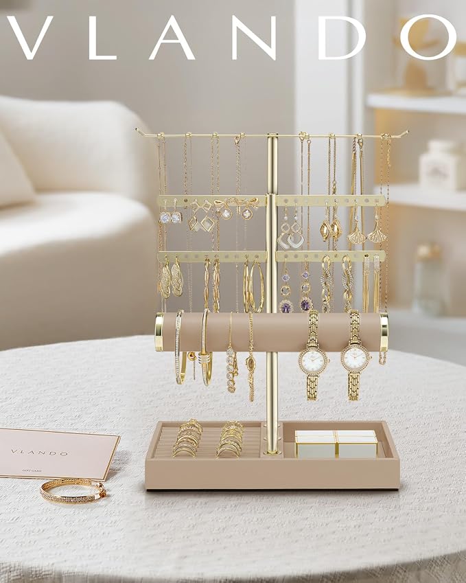 VLANDO 3 Tier Jewelry Stand Organizer with Tary, Leather Jewelry Holder Display for Women, Gold Jewlery Holder Display for Necklace, Earring, Bracelet, Rings - Toffee