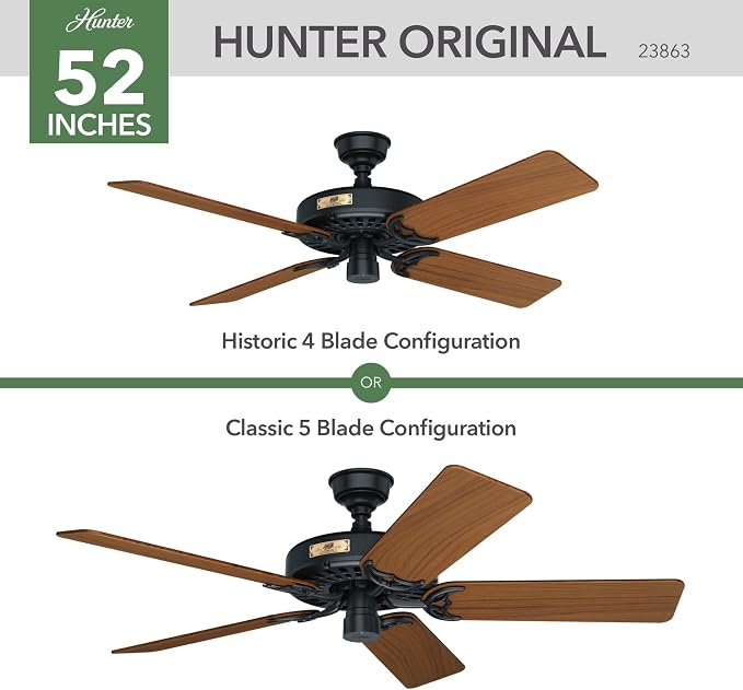 Hunter 52 inch Outdoor or Indoor Ceiling Fan No Light - Black Ceiling Fan without Light, For Patio, Porch, Garage, Living Room, Standard Mount, 5 Teak Blades, Pull Chain - Original 23863, Matte Black