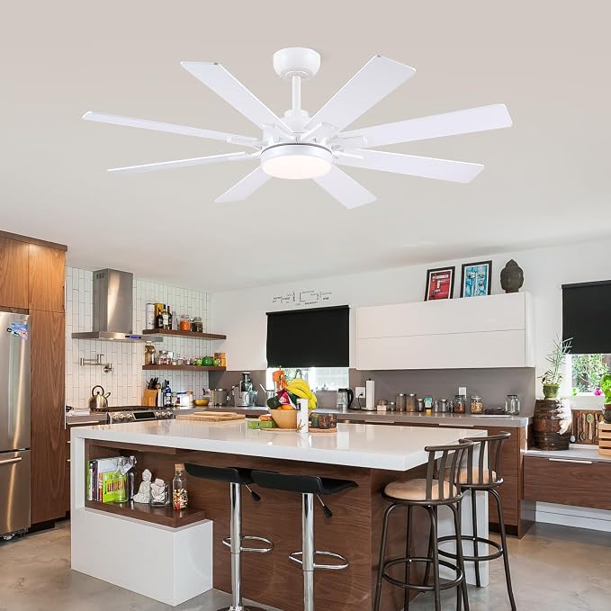 Kviflon 52 Inch Ceiling Fans with Lights, Modern White Ceiling fan with light for Bedroom Living Room Indoor Outdoor, Remote/APP Control, Reversible Quiet DC Motor, Dimmable LED, 8 Wooden Blades