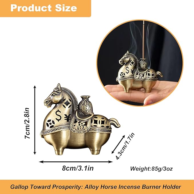 Gallop Toward Prosperity: Alloy Horse Incense Burner Holder-2-in-1 Stick & Coil Incense Tray,Feng Shui Home Decor for Meditation,Yoga,Office (Large)
