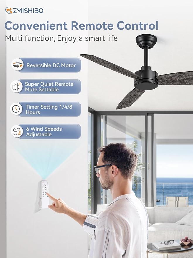 ZMISHIBO 2 Pack 42 Inch Outdoor Ceiling Fans with Remote, Black Ceiling Fan No light with Quiet Reversible DC Motor, 6 Speeds, 3 Blade Modern Ceiling Fans for Patio Living Room Bedroom Indoor