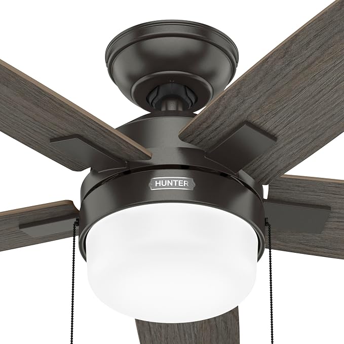 Hunter 44" Anisten Indoor Ceiling Fan, LED Light, Pull Chain, Noble Bronze | WhisperWind whisper-quiet motor, DuraLight lens, and 3" downrod support bedrooms, offices, and small rooms year-round.