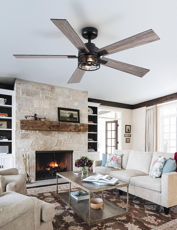 52 Inch Farmhouse Ceiling Fans with Lights and Remote, Black Industrial Caged Ceiling Fans for Bedroom, Living Room, 6-Speed Reversible Quiet DC Motor, Rustic Design