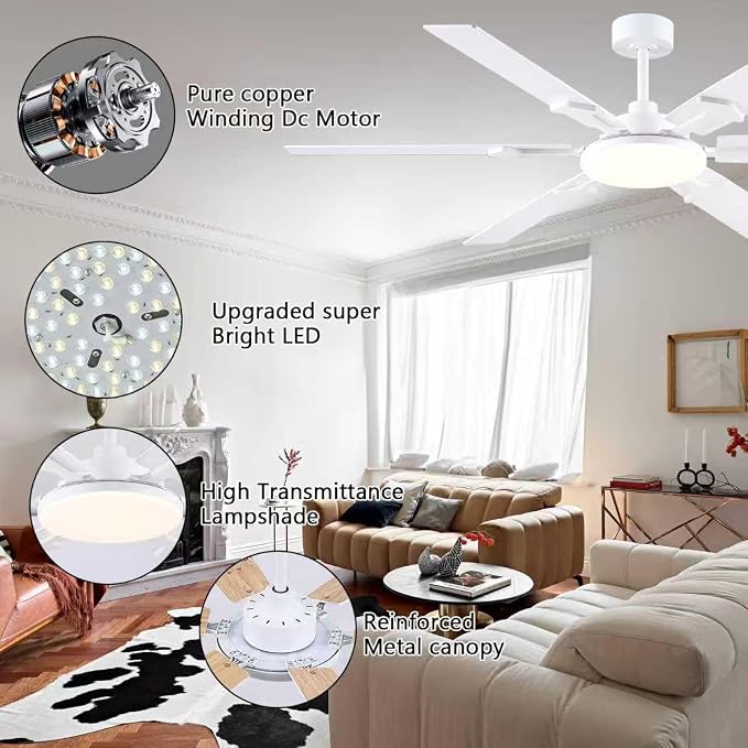 NKPU 66 Inch White Ceiling Fans with Lights, Modern Large Ceiling Fan with Remote & APP Control, Reversible DC Motor, 6 Double-Sided Blades, 6 Speeds, Silent, Timer, for Living Room Indoor Outdoor