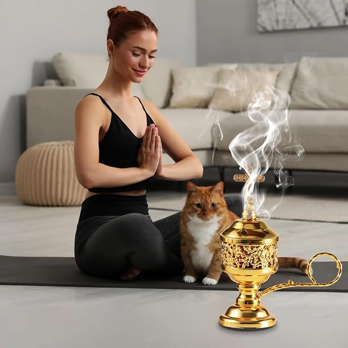 Gold Incense Burner with Tong – Frankincense Charcoal Incense Stand Aromatherapy, Yoga, Spa, Home Decor, and Church Use – Compact & Durable Bakhoor Holder