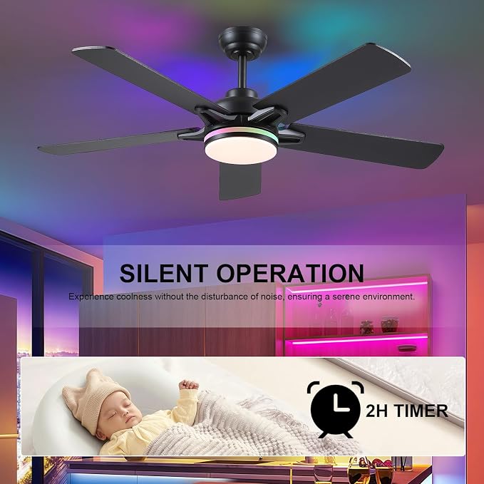 Kviflon 52 Inch Ceiling Fans with Lights, Modern RGB Ceiling Fans, Black Ceiling Fan with Light for Bedroom Living Room, Remote/APP Control, Reversible Quiet DC Motor, Dimmable LED, Wooden Blades