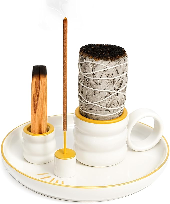 BS-VOG 4 in 1 Incense Holder, Palo Santo Holder for Burning Sage, Sticks & Candle, Ceramic Incense Burner with Handle, 5.9 Inch Ash Catcher Tray, Zen Decor for Meditation & Gift