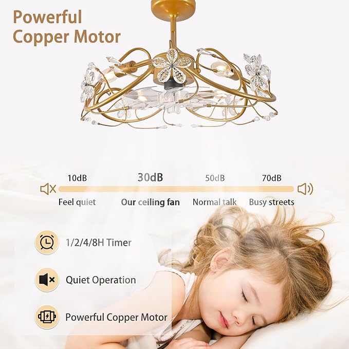 Ganeed 20.5“ Gold Crystal Fandelier Ceiling Fans with Lights, Crystal Diamond Flower Chandelier Ceiling Fan with Remote Control, Modern Caged Fandelier 6 Speeds for Girl's Bedroom, Living Room