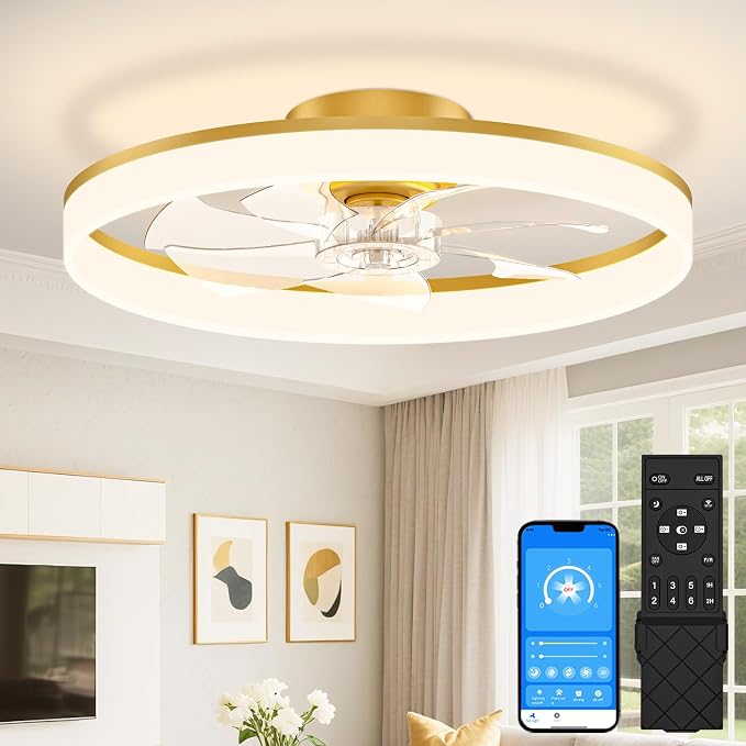 VOLISUN Low Profile Ceiling Fans with Lights and Remote, 24in Fandelier Ceiling Fan Flush Mount, 3000K-6500K Smart Bladeless LED Fan Light, Gold Modern Ceiling Fans with Lights for Bedroom