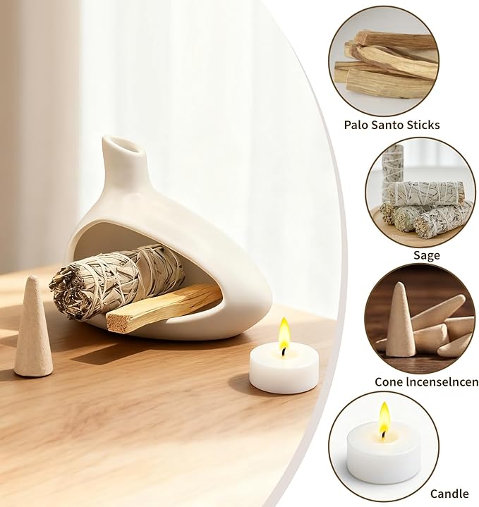 Palo Santo Holder, Ceramic Incense Burner for Sticks Sage Holders Cone Burning Smudge Bowl with Ash Brush for Meditation Yoga Spa Room Decor (White)