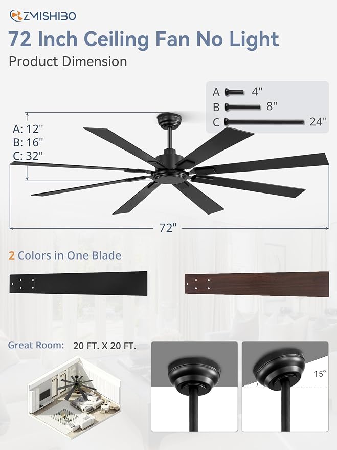 72 Inch Ceiling Fan No Light with Remote, Black Large Ceiling Fan Without Light with Quiet Reversible DC Motor, 6-Speeds, 8 Blades, Indoor/Outdoor Modern Ceiling Fans for Patios, Living Room, Garage