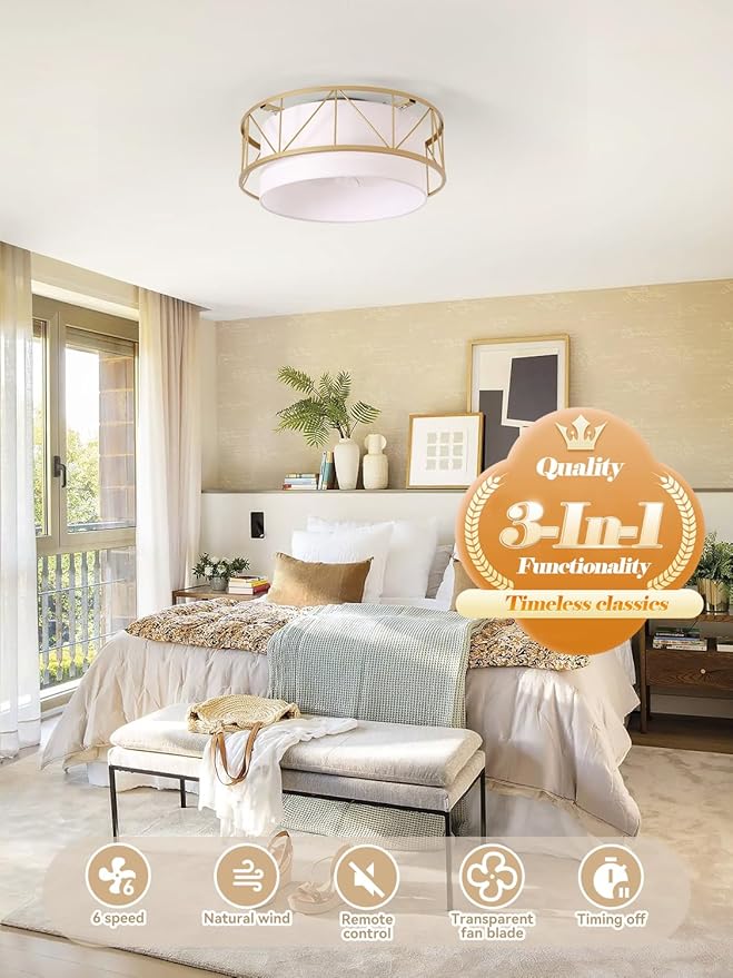Boho Ceiling Fan with Light Flush Mount,20" Gold Caged Ceiling Fans with Lights Remote Control, Low Profile Boho Fandelier with 6 Speeds for Bedroom,Nursery,Living Room