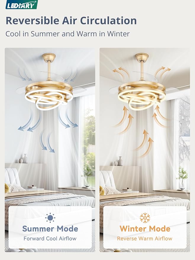 LEDIARY 42 Inch Retractable Ceiling Fan with Lights, Fandelier Ceiling Fan with 6 Speeds,3000K-6000K Adjustable,and DC Motor,Chandelier Ceiling Fans with Lights and Remote for Bedroom Living Room,Gold