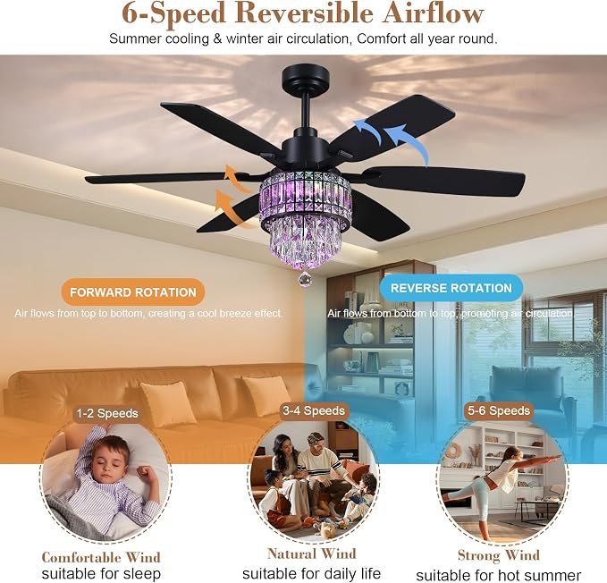 Kviflon 52 Inch Crystal Ceiling Fan with RGB Lights, Black Fandelier Ceiling Fan with Light and Remote/APP Control, Modern Chandelier Ceiling Fan for Bedroom Living Room, Quiet DC Motor, Dimmable LED