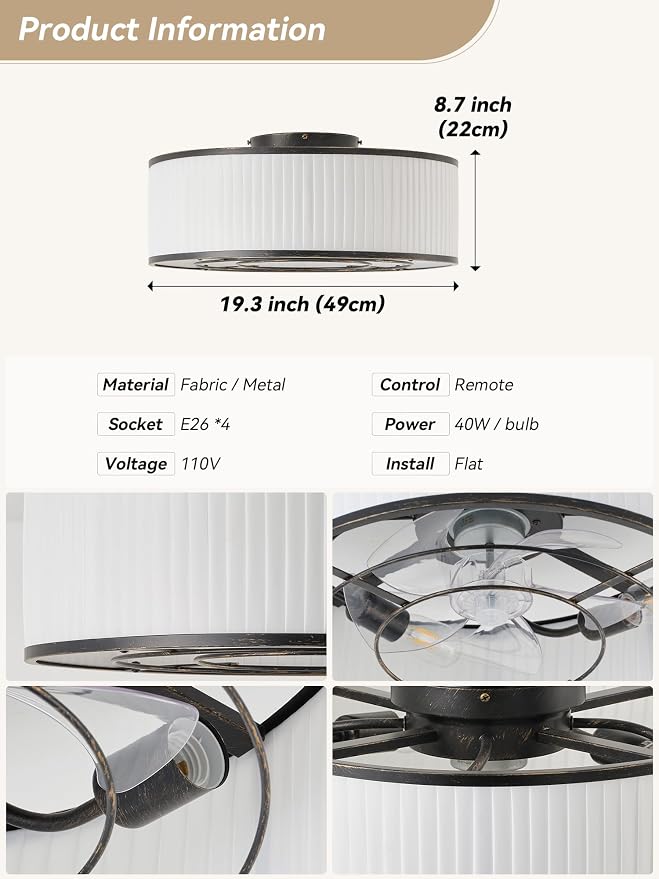 Boho Ceiling Fan with Light Flush Mount, 20" Black Caged Ceiling Fan with Lights Remote Control, Bladeless Ceiling Fan 6 Speeds for Bedroom, Living Room, Nursery