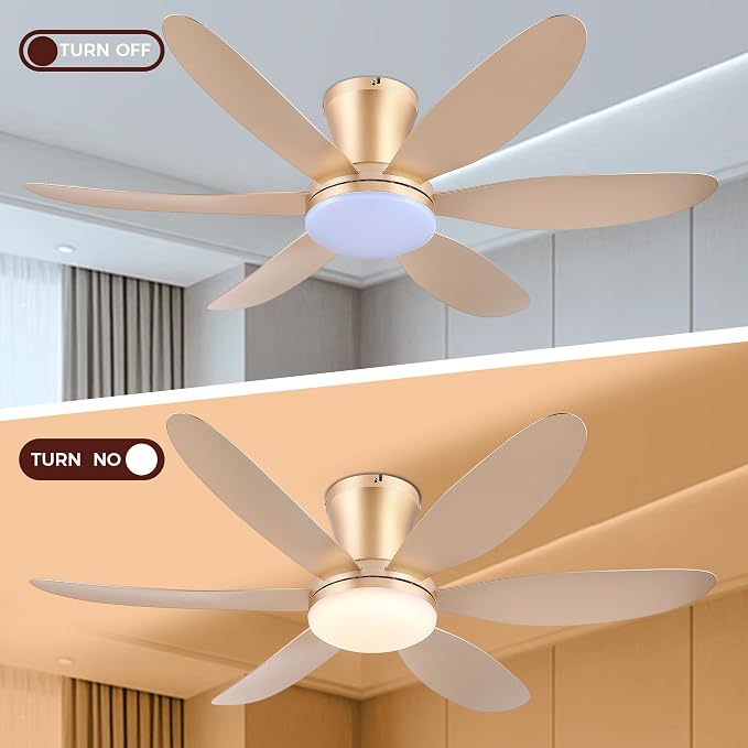 GJeg Ceiling Fans with Lights,42" Low Profile Ceiling Fan with Light and Remote Control,Flush Mount, Reversible, Dimmable, Noiseless,Gold Ceiling Fan for Bedroom