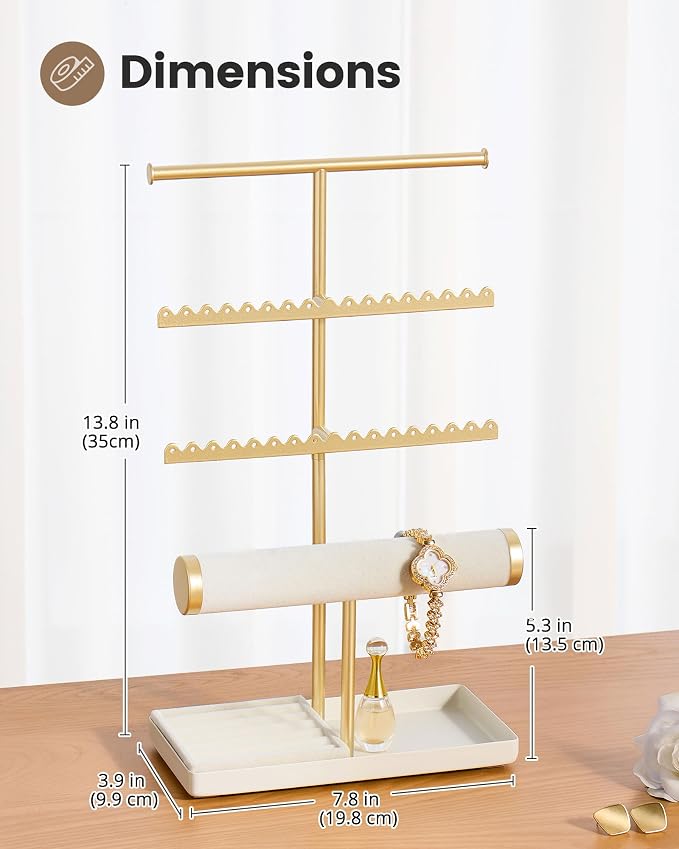 Lolalet Jewelry Organizer Stand, Necklace Bracelet Holder -Gold | Space-Saving Jewelry Display Storage Rack on Vanity Dresser for organizing Earrings Bangels Rings
