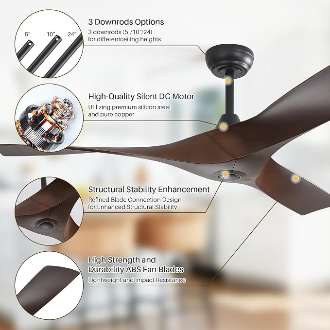 CACI Mall 52 Inch Propeller Ceiling Fan No Light, Remote Control, 6 Speeds Noiseless DC Motor, 3 ABS Blades, Indoor Outdoor Ceiling Fans for Living Room, Bedroom, Patio