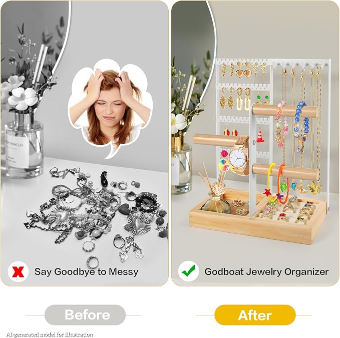 Godboat Jewelry Stand - 48 Holes Earring Holder, 4-Tier Necklace Organizer | 6 Hooks Jewelry Organizers and Storage, Bracelet Ring Rack with Wood Box, Preppy Gift Room Decor for Teen Girls Women, White