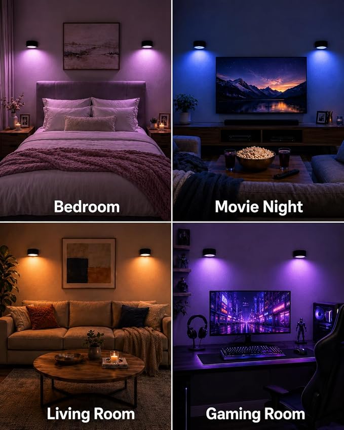 LED Wall Mounted Lights, Rechargeable Wall Sconces, 3 Color Temps, Remote & Touch, 360° Rotating and Dimmable for Bedroom, Bedside & Reading (Black-RGB, 3 Pack)