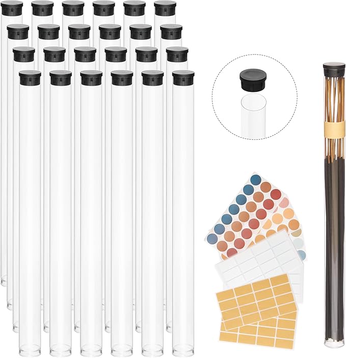 Clear Plastic Tube with Black lid, Storage Holder for 8-10 inch Incense Sticks, Preserves Aroma (24)