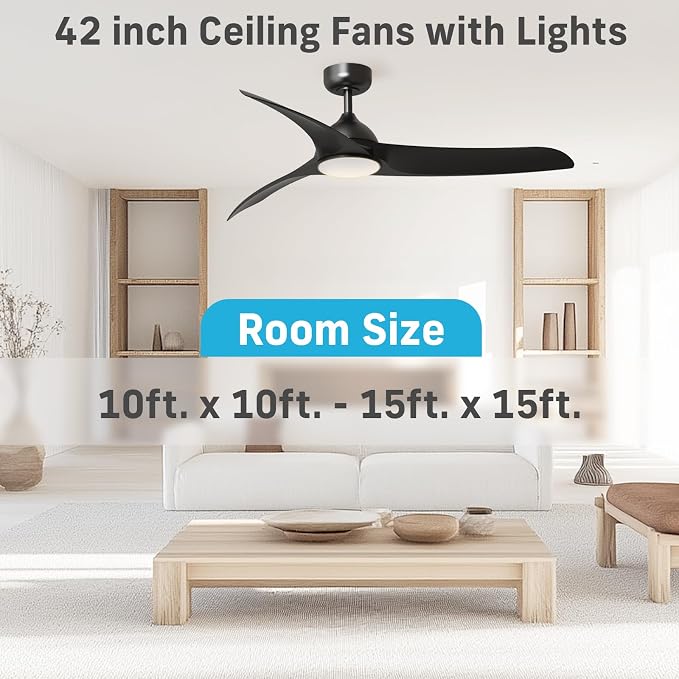 Ceiling Fans with Lights, 42 inch Low Profile Ceiling Fan with Light and Remote Control, Flush Mount, 3CCT, Dimmable, Quiet Reversible Motor, Black Ceiling Fan for Bedroom Indoor/Outdoor Use