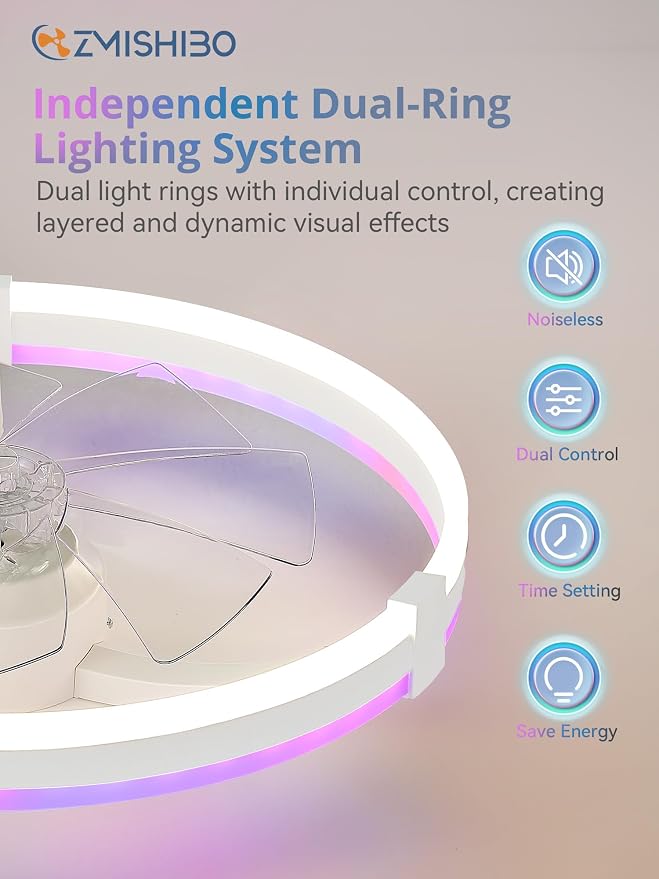 ZMISHIBO RGB Ceiling Fans with Lights and Remote, 23 inch Low Profile Ceiling Fan with Light, 3000K-6000K Dimmable & RGB, Modern Fandelier Flush Mount Ceiling Fan, Small LED Fan for Bedroom