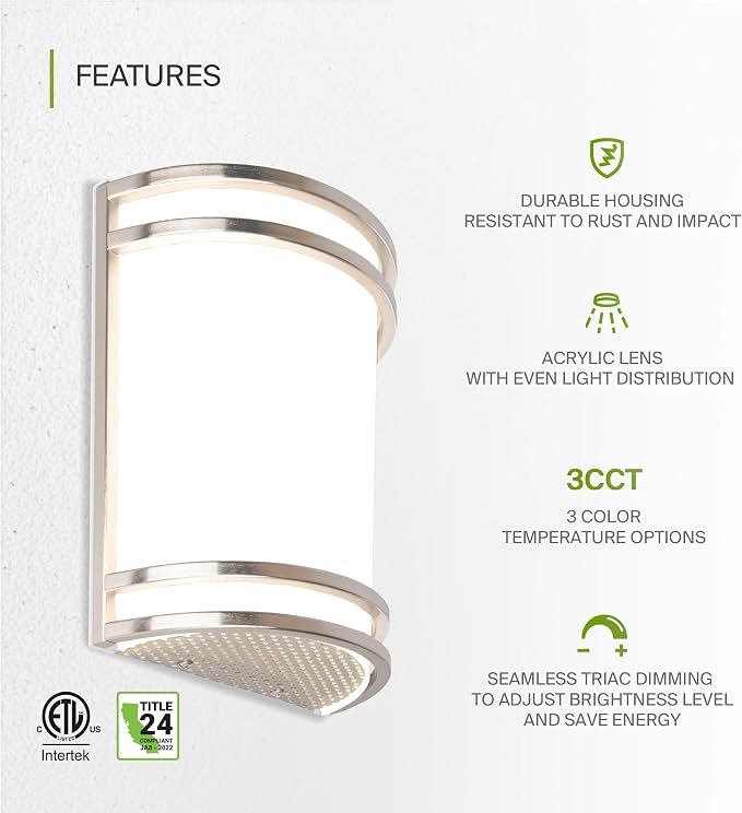 ASD Indoor LED Wall Sconce Lights - 8 Inch 15W Brushed Nickel Modern LED Wall Sconces Hardwired - ETL Dimmable 3000K 4000K 5000K Adjustable Sconce Light Fixture for Bedroom, Hallway