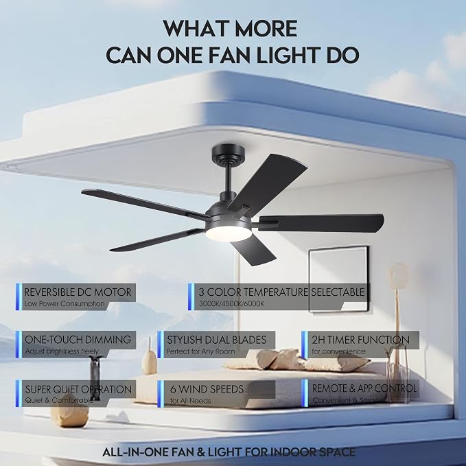 JSAITEE Ceiling Fans with Lights - 52Inch Low Profile Flush Mount Ceiling Fan with Light and Remote Control, DC Reversible Motor, Dimmable, 6 Speeds Ceiling Fan for Bedroom, Kitchen, Black