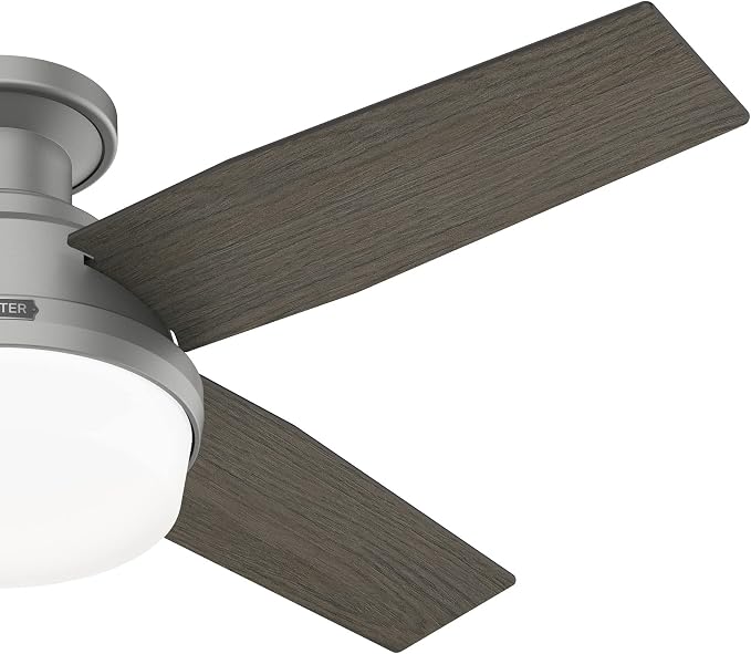 Hunter 44 inch Indoor Ceiling Fan with LED Light and Remote Control - Modern Ceiling Fan, Low Profile Mount, 4 Blades, For Bedroom, Living Room, or Kitchen, Quiet - Dempsey 51757, Matte Silver