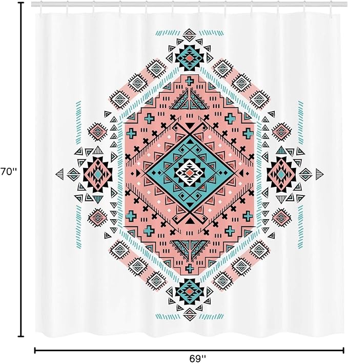 Ambesonne Tribal Shower Curtain, Mexican Symmetrical Design 4 Corner Art Pattern, Cloth Fabric Bathroom Decor Set with Hooks, 69" W x 70" L, Teal and Coral Pink