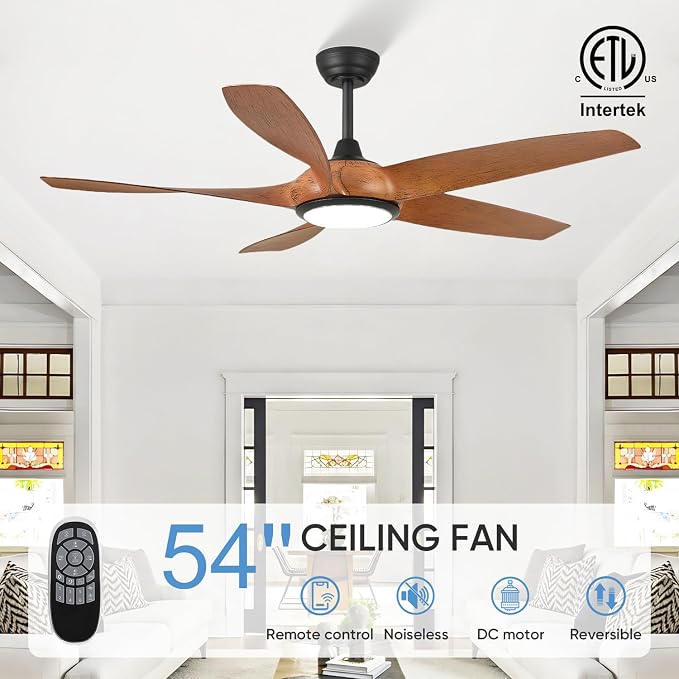 54'' Ceiling Fans with Lights, Indoor/Outdoor Modern Ceiling Fan with Remote, ABS Plastic Blades, Reversible DC Motor, 6 Speeds, 3 Color Lights, ETL Listed, for Bedroom Living Room (Brown)