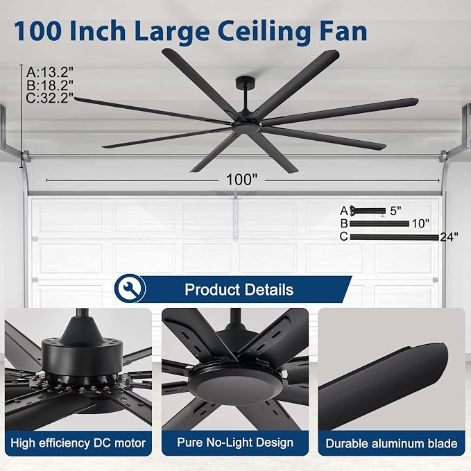 Black Ceiling Fan without Light: 100 Inch Outdoor Fan No Light Aluminum Blade - Industrial Large Ceiling Fan with Remote for Shop Garage Patio 6 Speeds Timer
