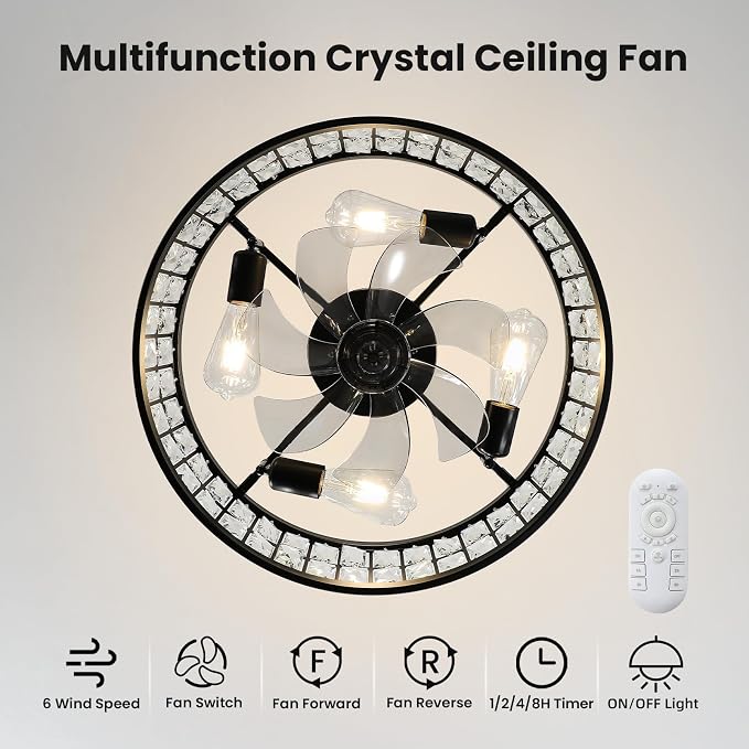 Crystal Caged Ceiling Fan Light: 18.9" Semi Flush Mount Fandelier Ceiling Fan Lights with Remote/Reversible 6 Speeds/Timer/DC Motor Low Profile Chandelier Ventilador de Techo for Bedroom Living Room