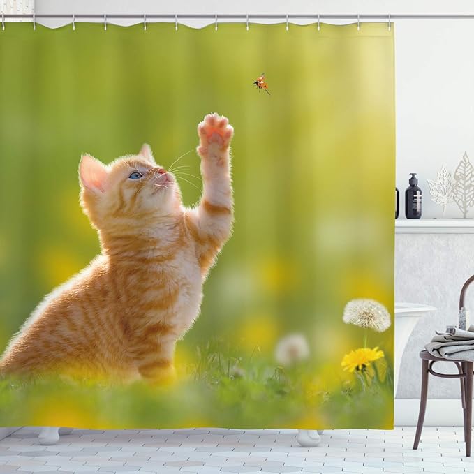 Ambesonne Cat Shower Curtain, Animal Theme Cat Hunting a Ladybug Nature Grass Dandelions Digital Print, Cloth Fabric Bathroom Decor Set with Hooks, 69" W x 70" L, Earth Yellow Pale Green