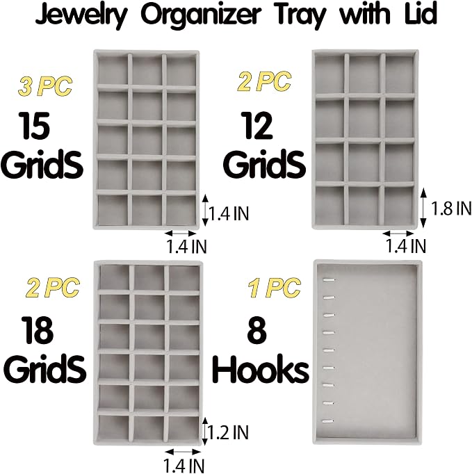 Set of 8 Stackable Jewelry Organizer Trays with 1 Lid for Drawer & Dresser Organizer, Adjustable Velvet Jewelry Box Tray Earring Organizer Necklace Storage Ring Bracelet Display Case (Gray)