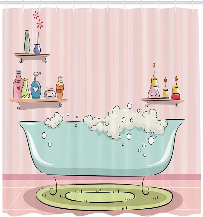 Ambesonne Feminine Shower Curtain, Illustration of a Bathtub with Bubbles in Girly Room Aroma Oil Aromatherapy, Cloth Fabric Bathroom Decor Set with Hooks, 69" W x 75" L, Pink Blue