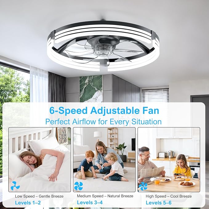 Ceiling Fans with Lights and Remote, 20'' Low Profile Ceiling Fan, 1-6 Wind Speeds, 3000-6500K Dimmable Flush Mount LED Fan Light, Modern Fandelier Ceiling Fans for Bedroom