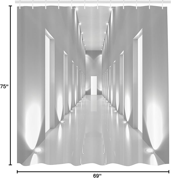 Ambesonne Modern Shower Curtain, Pattern of a Long Corridor in a Modern Office Building with a Contemporary Artwork, Cloth Fabric Bathroom Decor Set with Hooks, 69" W x 75" L, White Grey