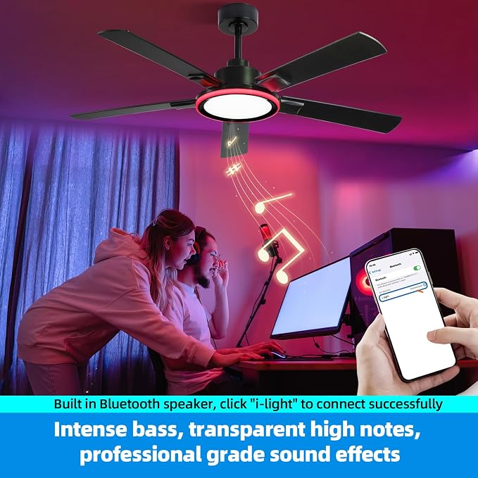 52" Ceiling Fans with Lights,Bluetooth Ceiling Fan with Speaker,6-Speed Reversible Motor,Full-Spectrum Adjustable Lighting,Edge Ambient Lights,Low Profile Ceiling Fan with Light and Remote/App Control