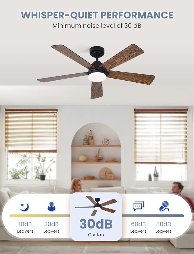 48 Inch Ceiling Fan with Lights and Remote, Downrod Mount, Sloped Ceiling Compatible up to 15°, Quiet Reversible DC Motor, 3CCT Dimmable LED, Black Ceiling Fan for Bedroom Living Room