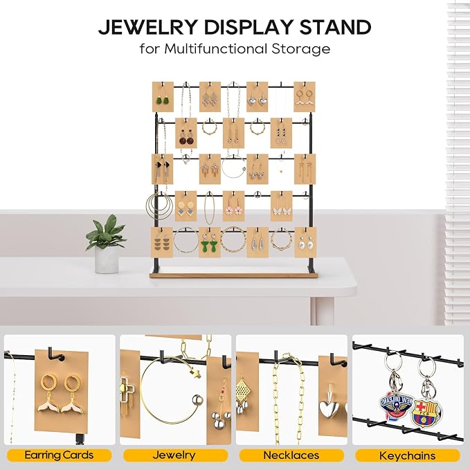 ORLESS 2 Pcs Jewelry Display for Vendors, Earring Display Stand for Selling, Necklace Display Holder for Selling, Earring Cards Organizer for Bracelets, Rings, Jewelry Towers, Original Wood (35 Hooks)