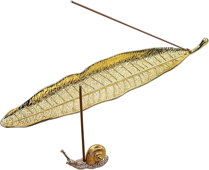 Cute Snail Incense Sticks Holder and 10 Inches Leaf Incense Burner Ash Catcher, Incense Holder Decor Set for Meditation Room, Yoga, Home, Office (Gold)
