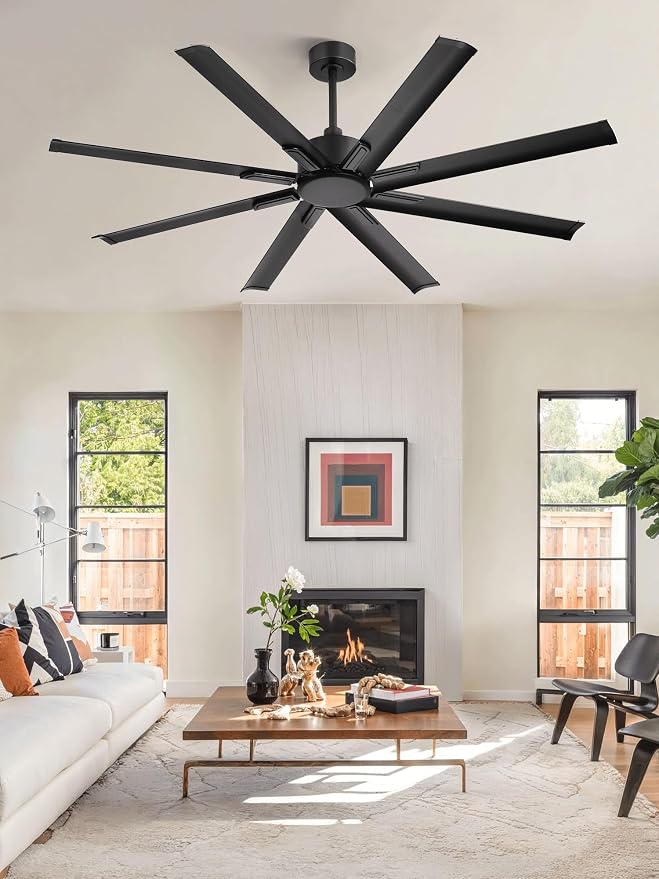 ZMISHIBO 65 Inch Industrial DC Motor Ceiling Fan, Large Ceiling Fan with 8 Aluminum Blades, 3 Downrods, 6-Speed Remote Control, Home or Commercial Ceiling Fans for Porch/Garage/Shop, Black