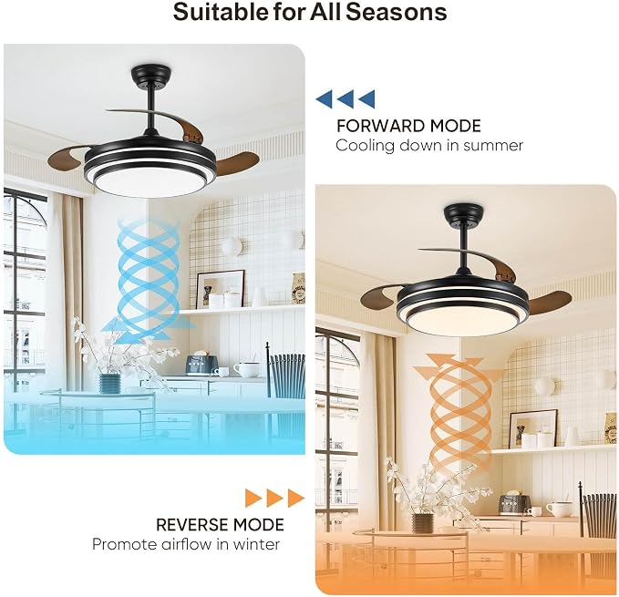 FIDGRA 42 Inch Fandelier Ceiling Fan with Light, Retractable Ceiling Fan with Lights for Bedroom Living Room Dinning Room, Chandelier with Fan 6 Speed, 3 Color Temperature-Black