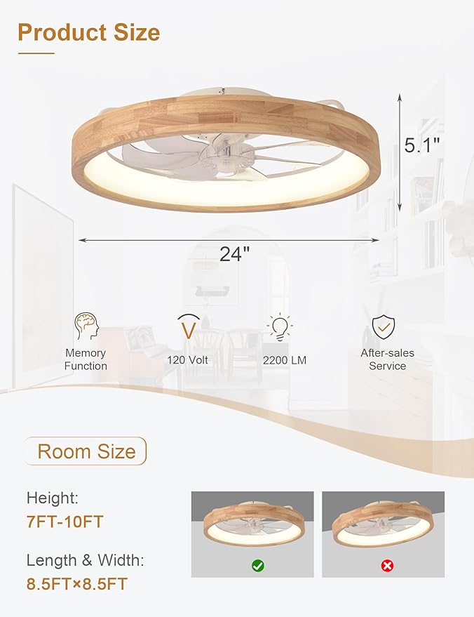 24'' Ceiling Fan with Light Fandelier Flush Mount Low Profile Wood Ceiling Fan with Dimmable LED Light 3 Color 6 Speeds