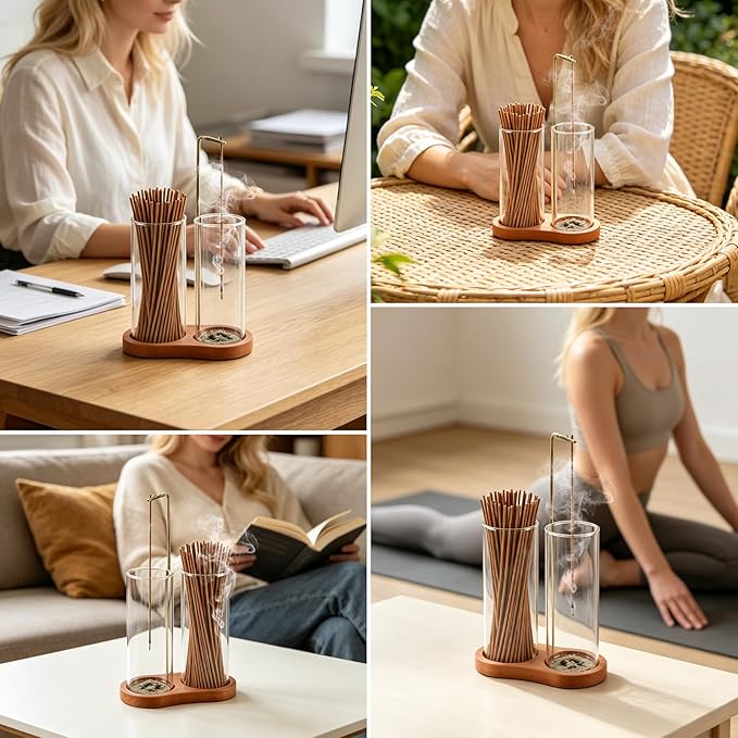 2 in 1 Incense Holder, Wooden Incense Holder for Sticks with Glass Ash Catcher & Storage, Anti-Ash Flying Incense Burner for Meditation, Yoga, Spa Home Boho Decor (Round Brown)