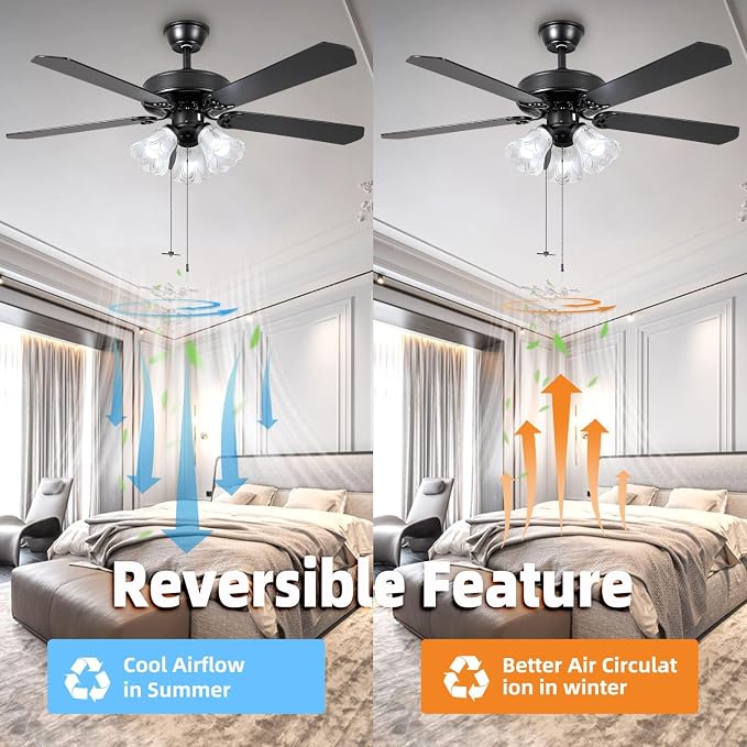 52 Inch Indoor Ceiling Fan with Pull-Chain and LED Light Bulbs Base, Traditional 3-Speeds Reversible Blades Ceiling Fan (Black)